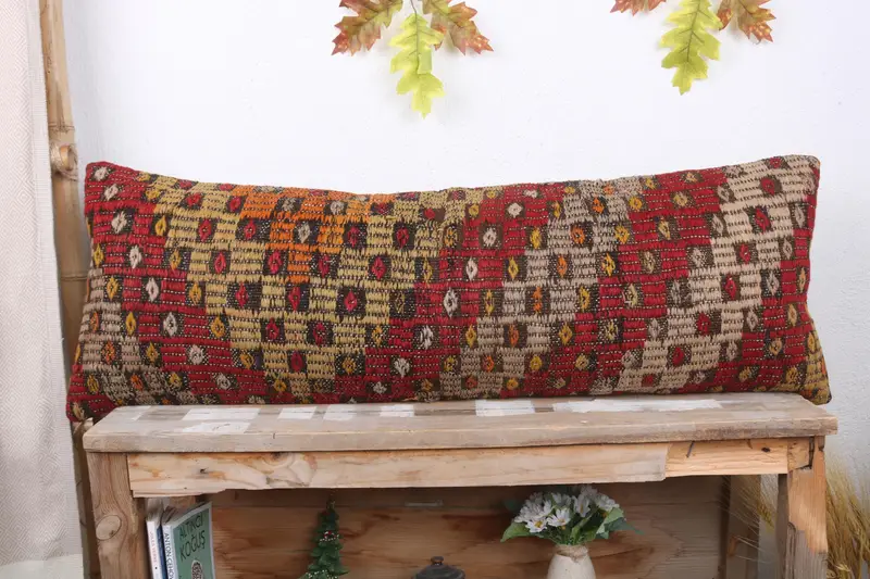 Pillow for Couch, Turkish Pillow, 12x36 Red Pillow, Lounge Throw Pillow Case, Pillow, Ethnical Kilim Rug Pillow, Vintage Pillow Cover - 2