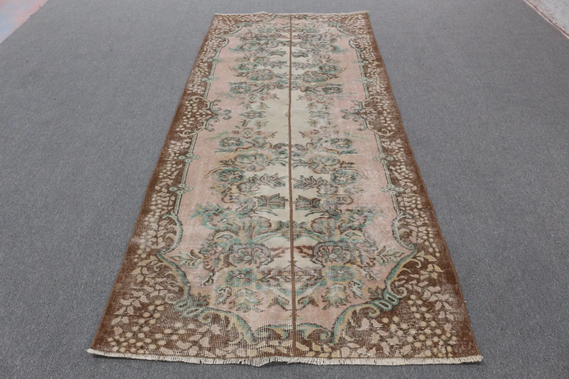 Vintage Area Rug 3.9x9 ft, Brown Blue Oriental Rug Wool - 1