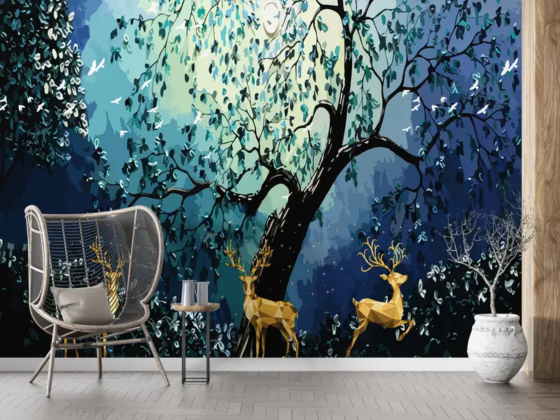 Elegant Deer Gold Abstract Tree Forest Wallpaper Print