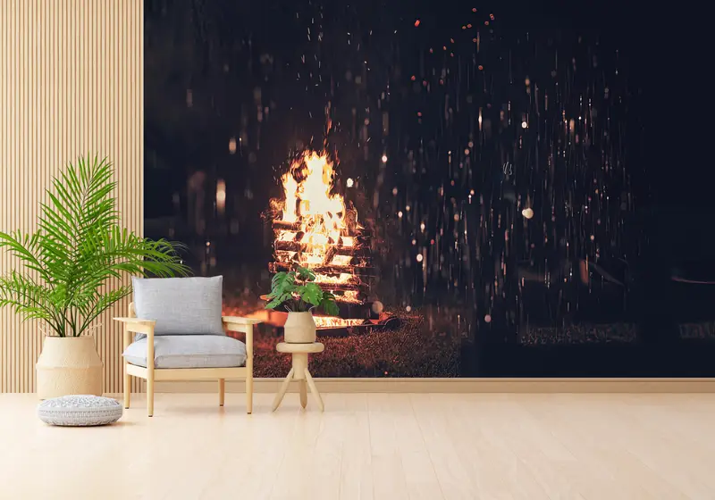 Büyüleyici Kamp Ateşi Gece Manzarası Baskılı Duvar Kağıdı - Alanınızı Dönüştürün