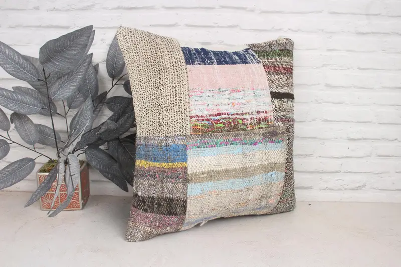 Handmade Rug Seat Pillow, 20x20 Pink Pillow Case, Office Chair Pillow Cover, Boho Pillow, Handmade Kilim Cushion, Cushion Cover, Pillow for Couch - 3