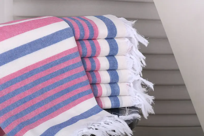 Employee Welcome Gift Pink-Navy Towel, Striped Organic Cotton, 40x67 Inches