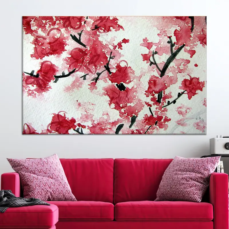Elegante japanische Blumenbedruckte Leinwandkunst mit roten Blüten