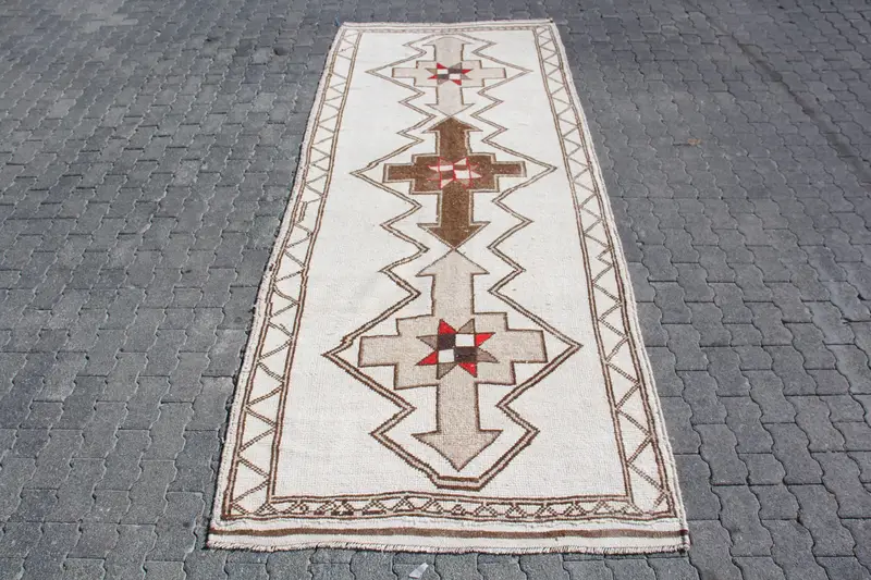Alfombra de 4,3x10,7 pies, alfombra vintage turca, alfombra de lana patchwork marrón blanco - 1