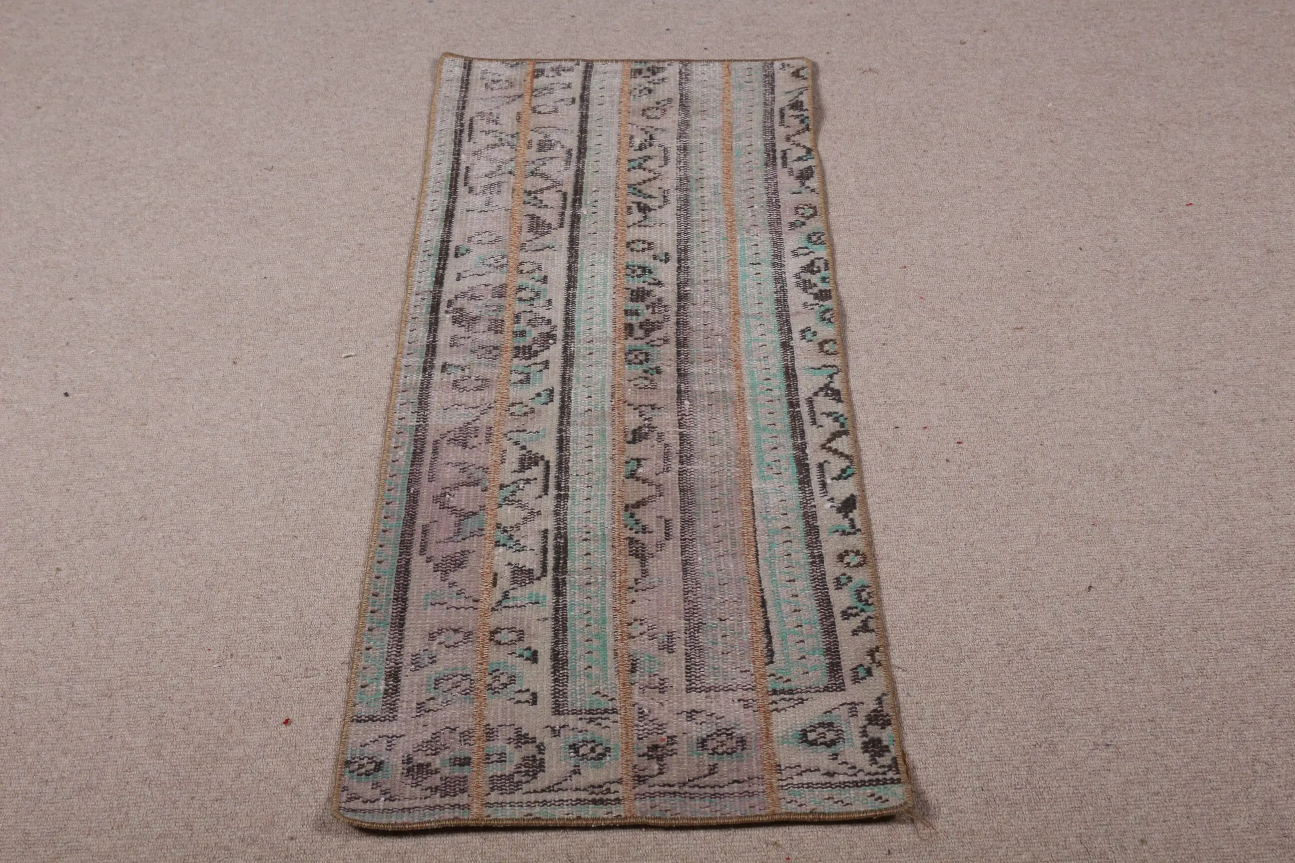Vintage Small Rug 1.6x4.2 ft, Blue Brown Oriental Rug Wool - 1
