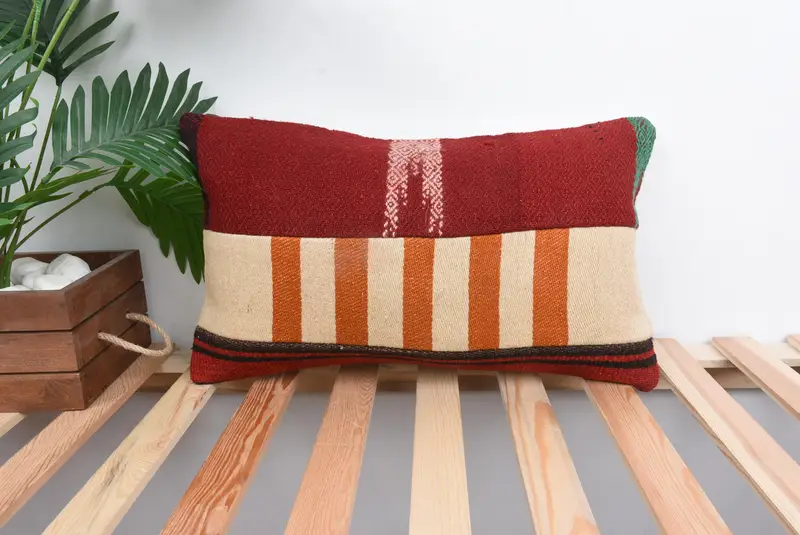 Rot & Orange Patchwork Kissen, 12x20 handgemachtes Rechteckkissen