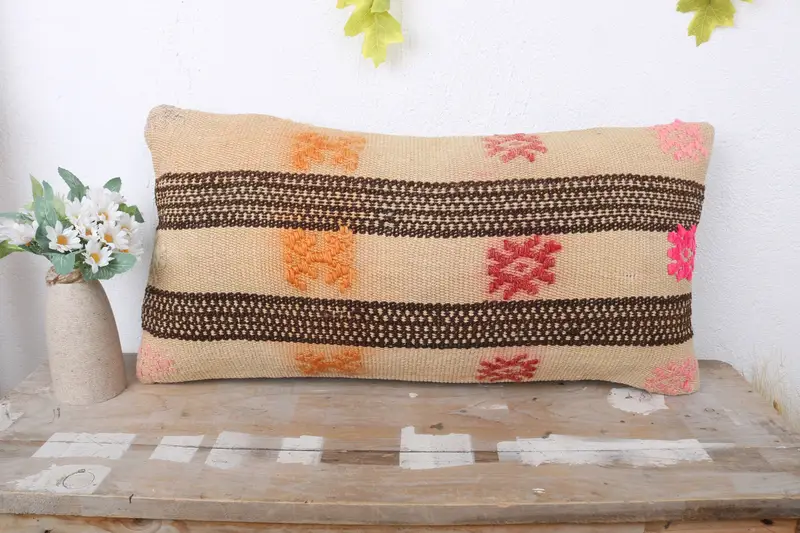 Pillow for Sofa, Morroccon Kilim Cushion Pillow Sham, Hippie Throw Pillow Case, Throw Kilim Pillow, Cushion, Gift Pillow, 12x24 Beige Cushion Case - 2
