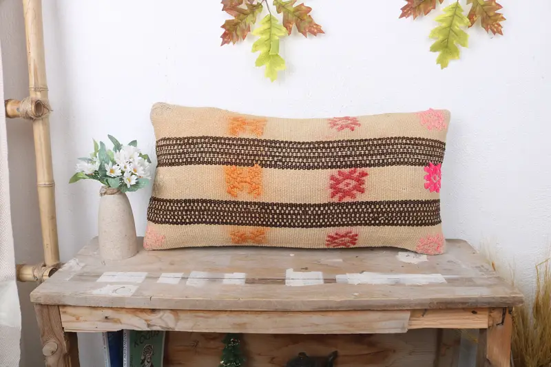Pillow for Sofa, Morroccon Kilim Cushion Pillow Sham, Hippie Throw Pillow Case, Throw Kilim Pillow, Cushion, Gift Pillow, 12x24 Beige Cushion Case - 1