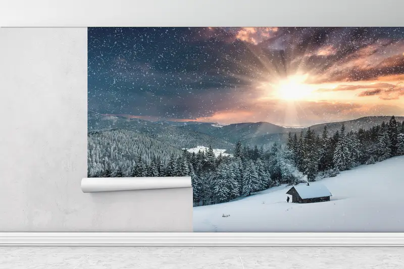 Wall Paper Peel and Stick, Custom Wall Paper, Snow Wall Decor, View Wall Print, Forest Wall Poster, Bright Wall Paper, , Winter Wall Poster, - 1