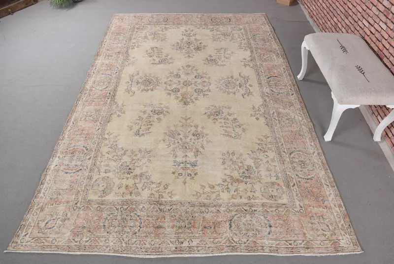 Zarif Bej ve Turuncu Halı, 6,9x10,4 ft Çiçek ve Geometrik