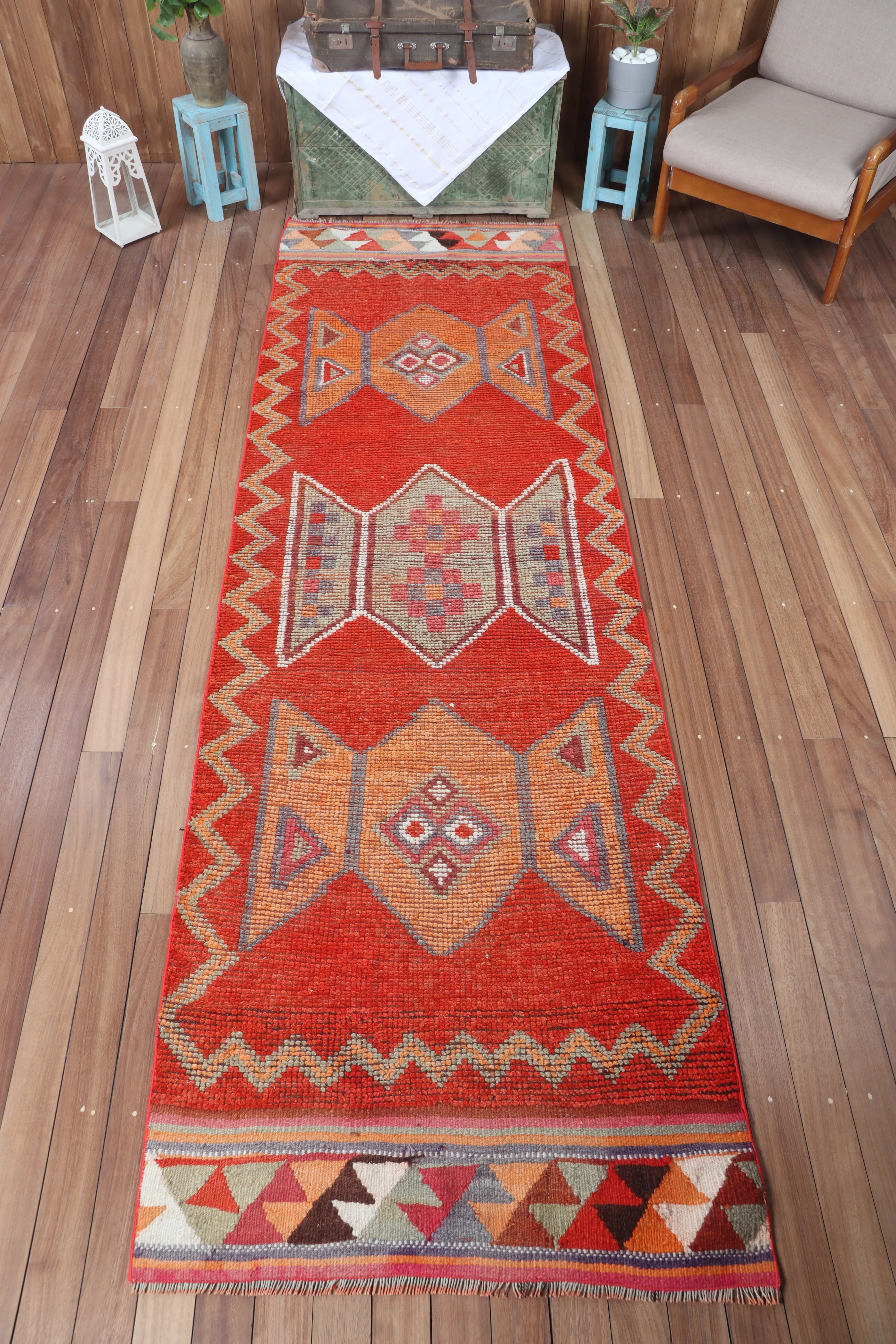 Turkish Vintage Rug, 3.3x10.7 ft Herki Rug, Orange Green Geometric Rug - 1
