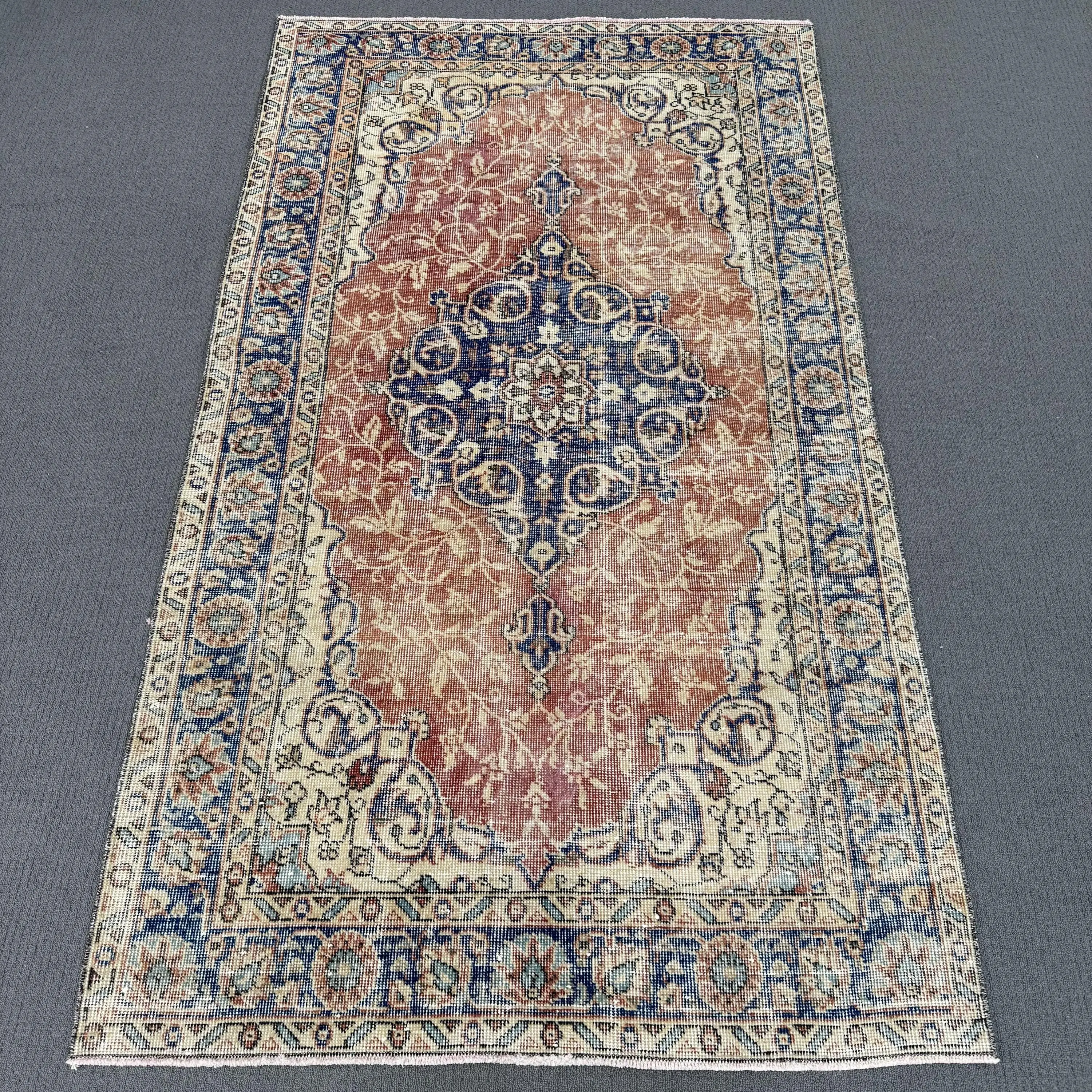3.8x6.7 ft Vintage Rug, Turkish Area Rug, Red Solid Wool Rug - 1