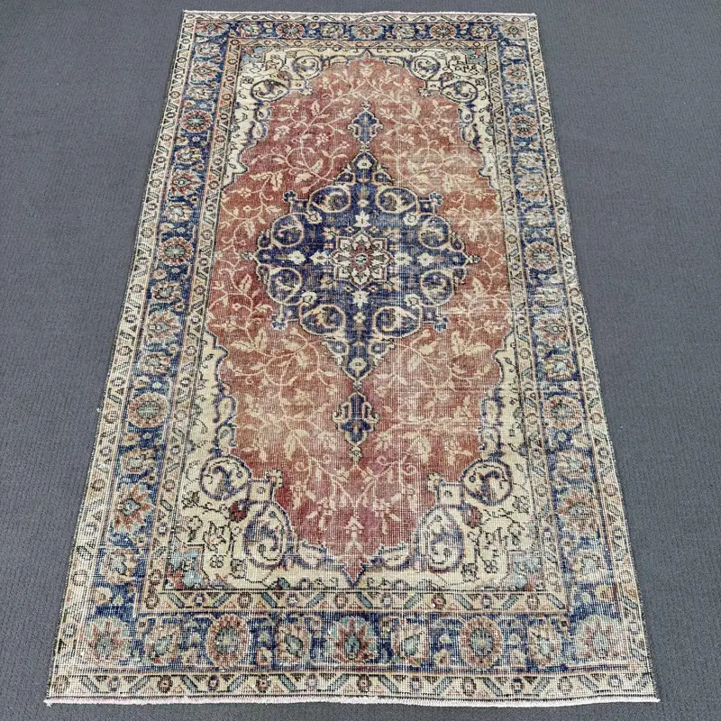 Canlı Turuncu Halı, Mavi Vurgulu 3,8x6,7 ft