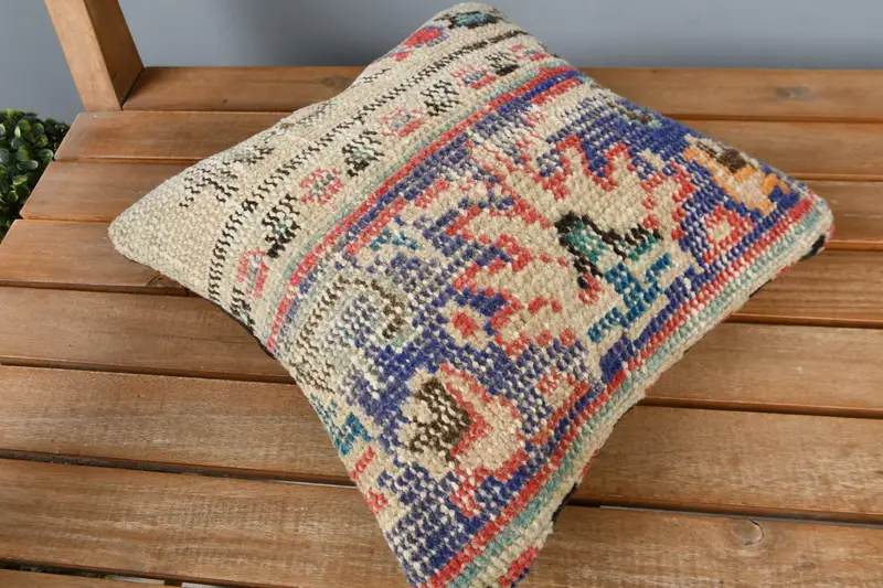 Antique Pillows, Ethnical Kilim Rug Pillow, Pillow Case, Kilim Pillow, Turkish Bench Cushion, 12x12 Blue Pillow Sham, Decorative Pillow Case - 2