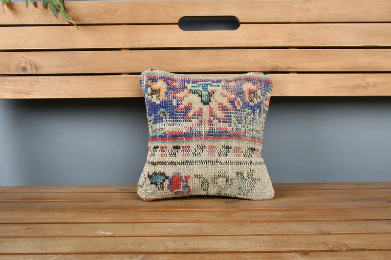 Antique Pillows, Ethnical Kilim Rug Pillow, Pillow Case, Kilim Pillow, Turkish Bench Cushion, 12x12 Blue Pillow Sham, Decorative Pillow Case - 6