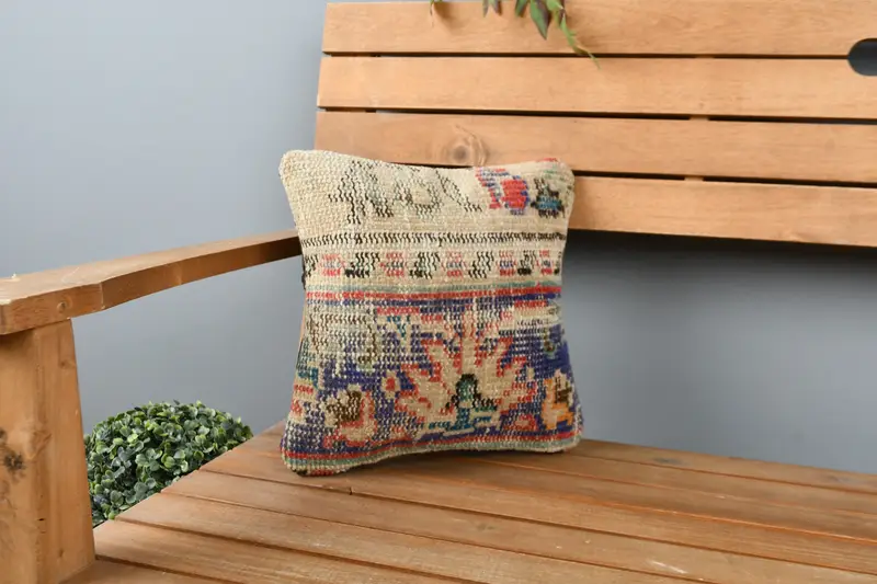 Antique Pillows, Ethnical Kilim Rug Pillow, Pillow Case, Kilim Pillow, Turkish Bench Cushion, 12x12 Blue Pillow Sham, Decorative Pillow Case - 1