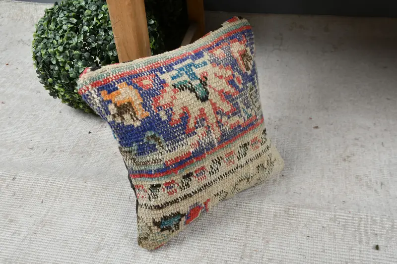 Antique Pillows, Ethnical Kilim Rug Pillow, Pillow Case, Kilim Pillow, Turkish Bench Cushion, 12x12 Blue Pillow Sham, Decorative Pillow Case - 7