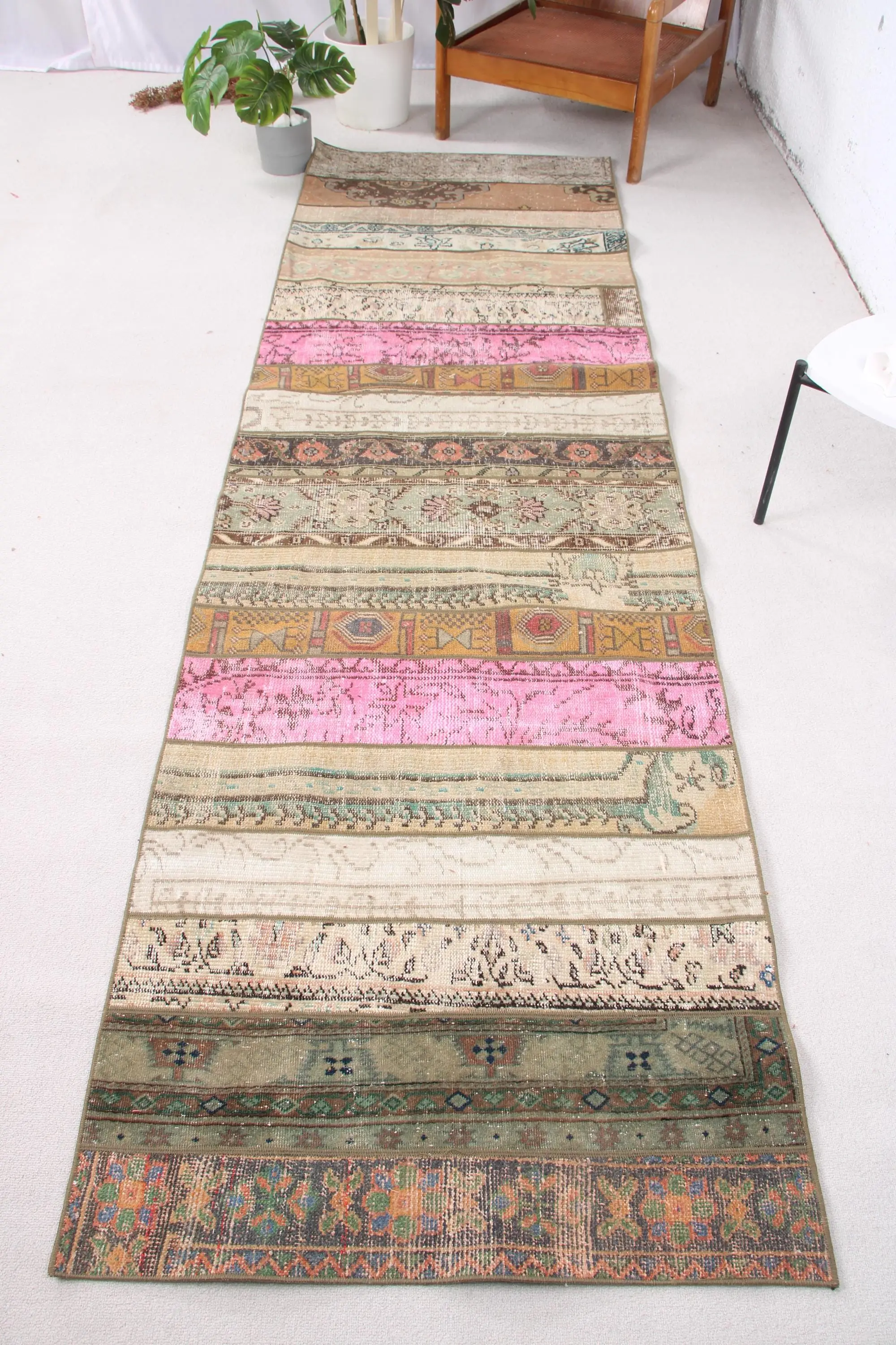 Turkish Vintage Rug, Runner 3x10 ft (90x305 cm) Rug, Green Floral Wool Rug - 1