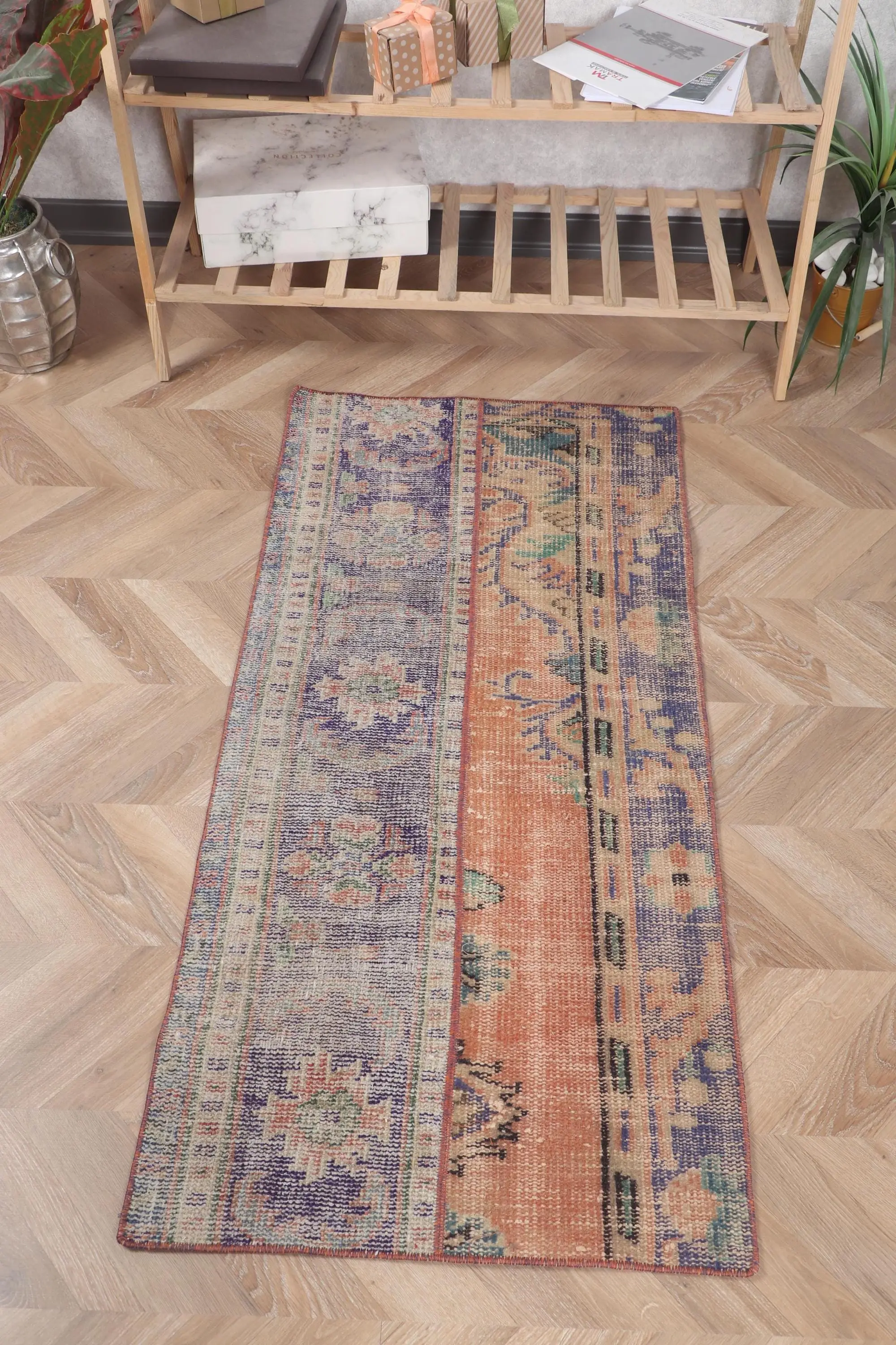 Turkish Small Rug 2x4.3 ft (62x132 cm), Vintage Blue Camouflage Wool Rug - 1