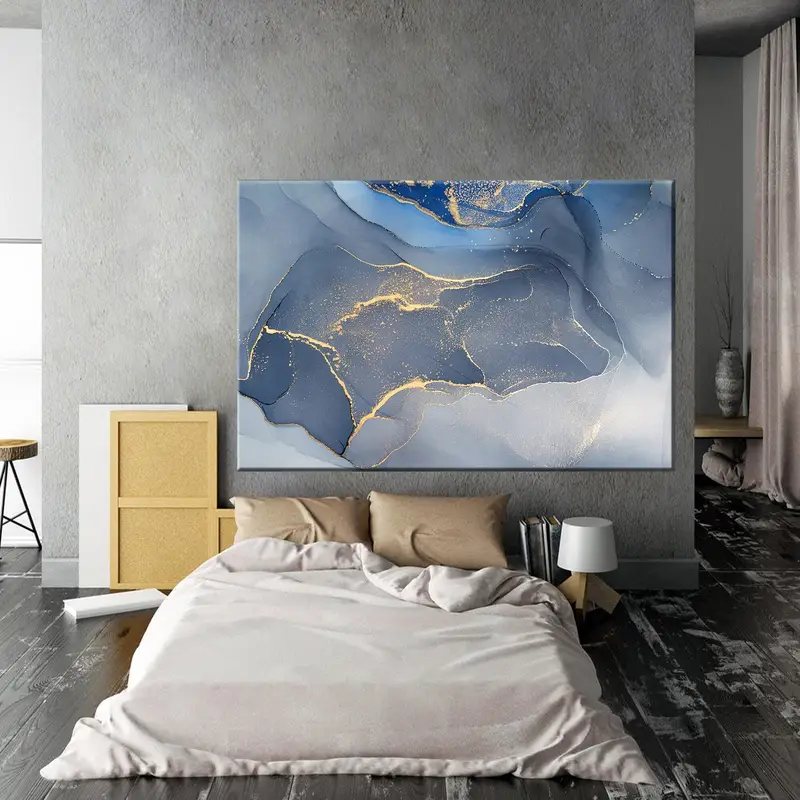 Marble Wall Art, Marble Abstract, Large Canvas Art, Blue Marble Glitter, Canvas Prints, Blue Marble Wall Décor, Blue and Gold Marble Decor - 3