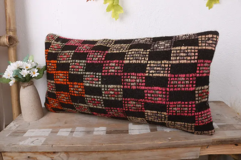 Pattern Throw Pillow, 12x24 Brown Pillow, Kilim Cushion Sham, Vintage Kilim Throw Pillow, Cushion Case, Armchair Cushion Case, Turkish Kilim Pillow - 4