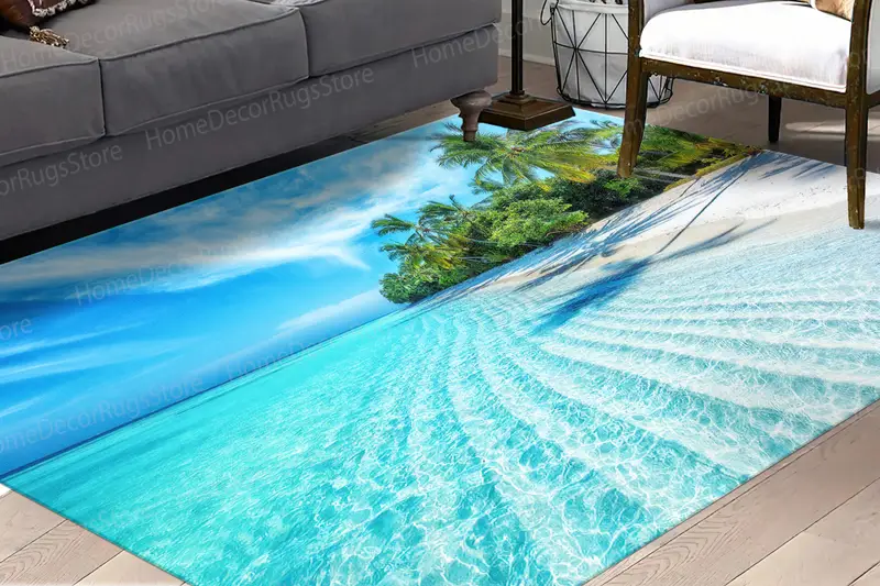 Ocean View Printed Rug: Tropical Seascape Home Decor