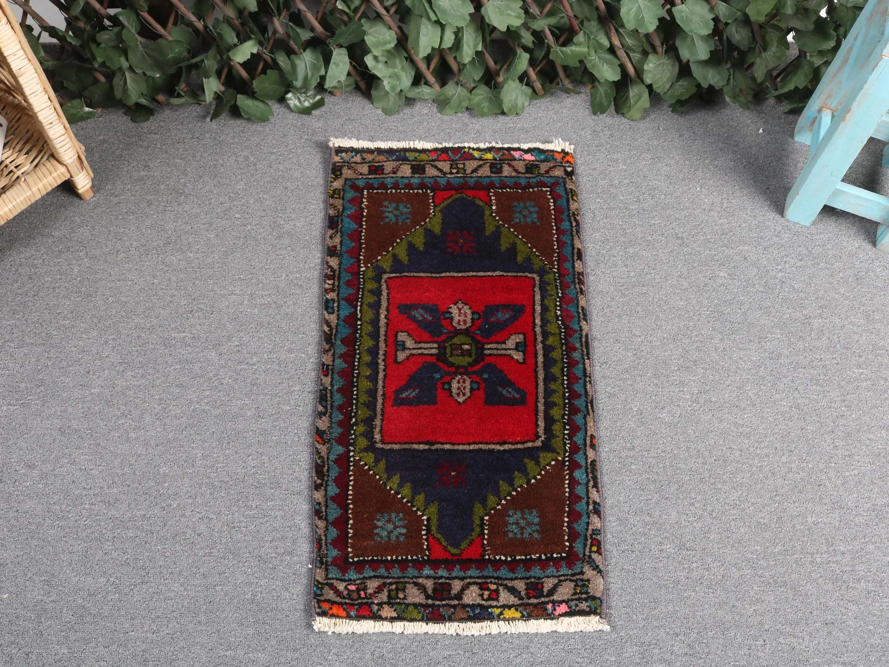 Turkish 1.2x2.3 ft Rug, Small Vintage Rug, Red Blue Ombré Wool Rug - 1