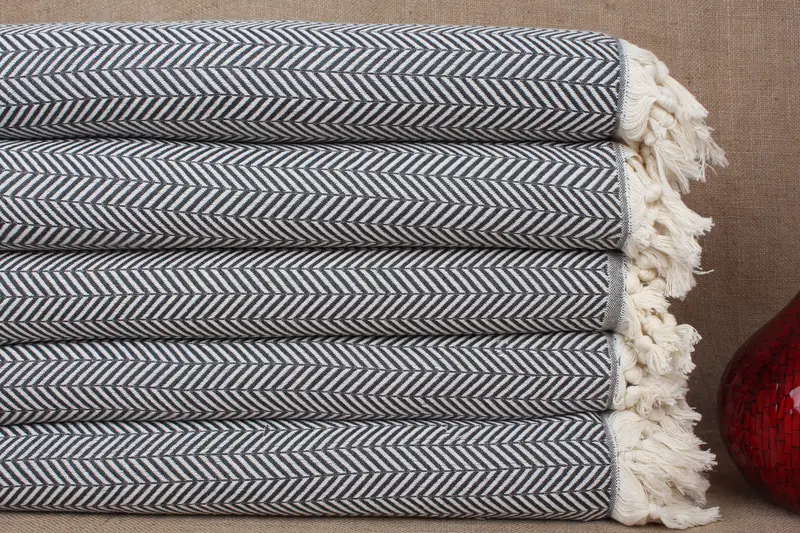 Turkish Dark Gray Throw Chevron Blanket, 75x91 Inches Organic Cotton