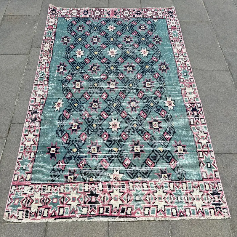 Blauer und roter geometrischer Teppich, 3,7 x 6 Fuß, schicker Wohnakzent