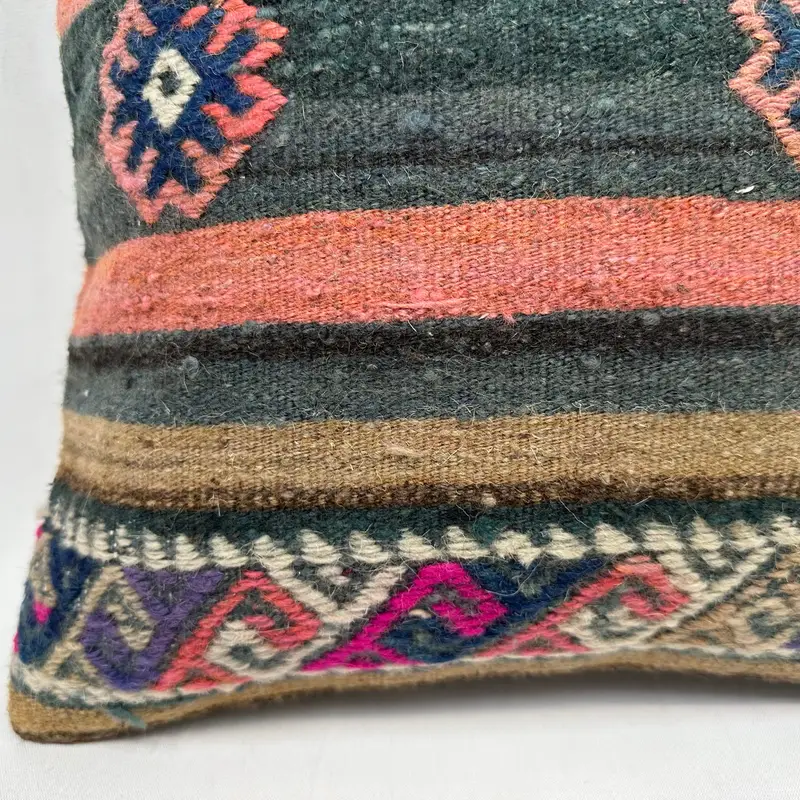 Retro Throw Pillow Cover, Pillow Case, Turkish Pillow, 16x16 Green Cushion, Antique Pillows, Vintage Kilim Throw Pillow - 4