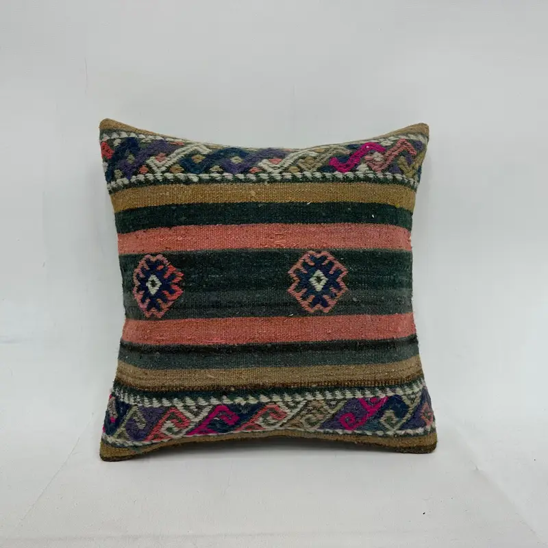 Retro Throw Pillow Cover, Pillow Case, Turkish Pillow, 16x16 Green Cushion, Antique Pillows, Vintage Kilim Throw Pillow - 1