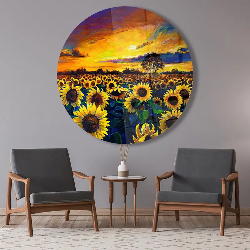 Elegant Printed Glass: Sunflower Field Sunset Nature Landscape