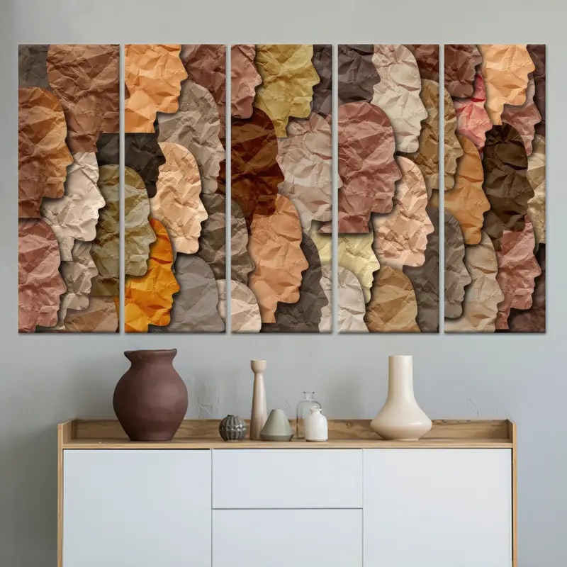 Trendy Soyut Yüzler Kahverengi Baskılı Kanvas - Sanatsal Elegance