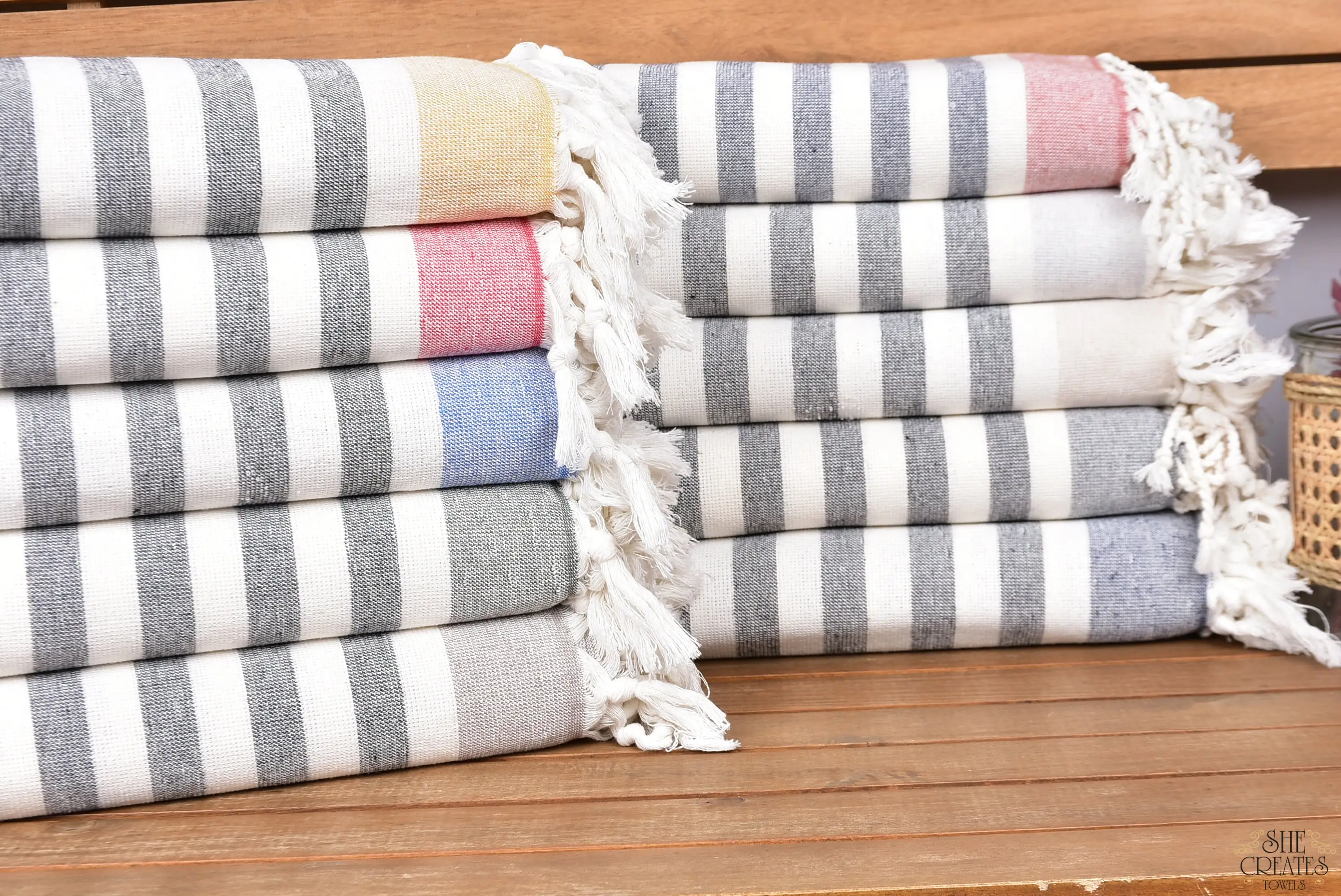 Personalized Beach Towel Turkish Cotton Beige Stripes, 40x67 Inches - 1