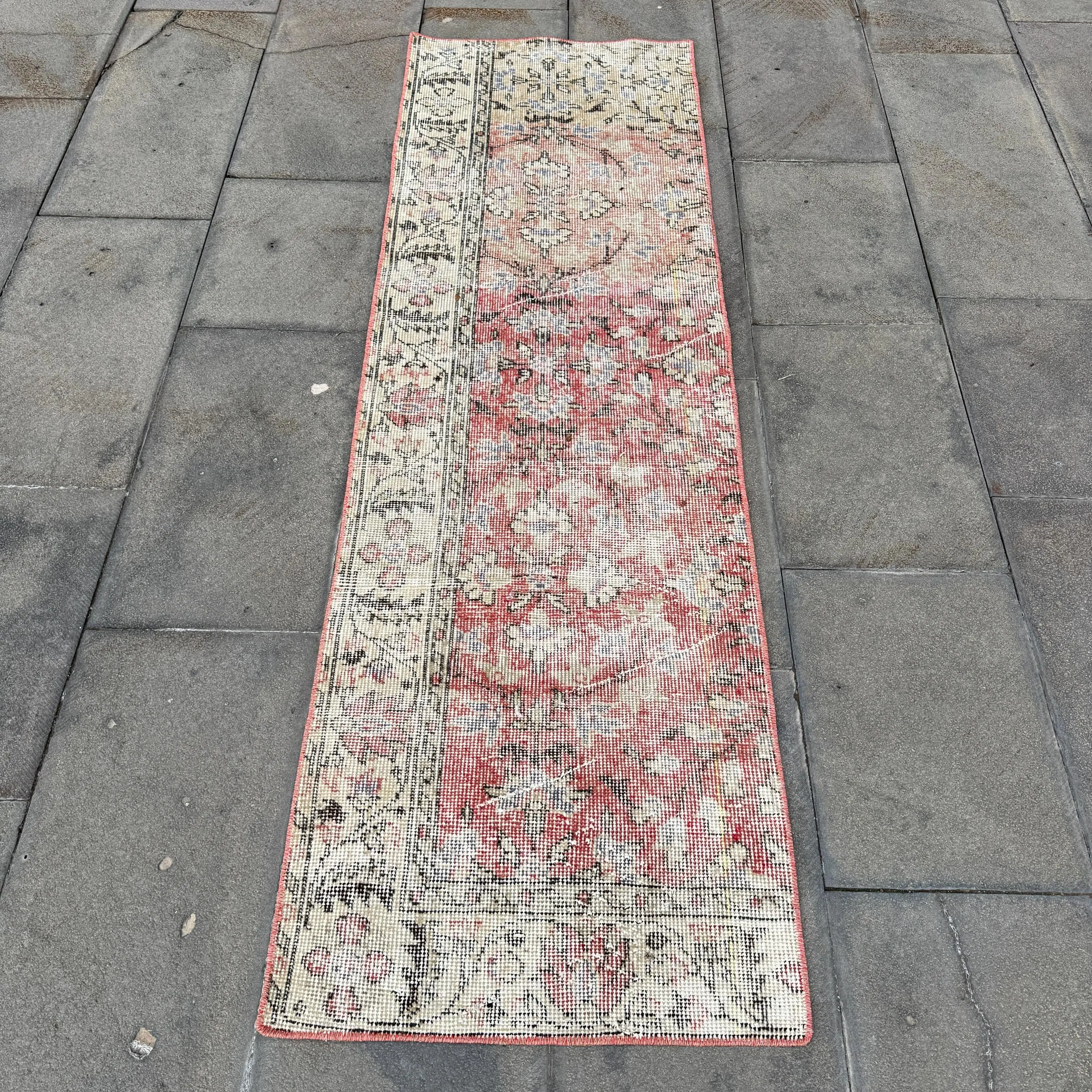 1.9x6.1 ft Runner Vintage Rug, Turkish Rug, Red White Striped Wool Rug - 1