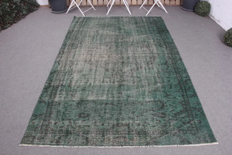 El Yapımı Yeşil ve Siyah Halı, 5x8 ft Geometrik Çiçek