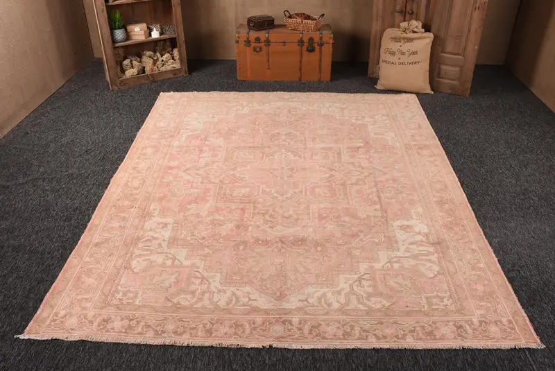 8x11 ft Türk Halısı, Vintage Büyük Boy Halı, Pembe Bej Paisley Halı - 1