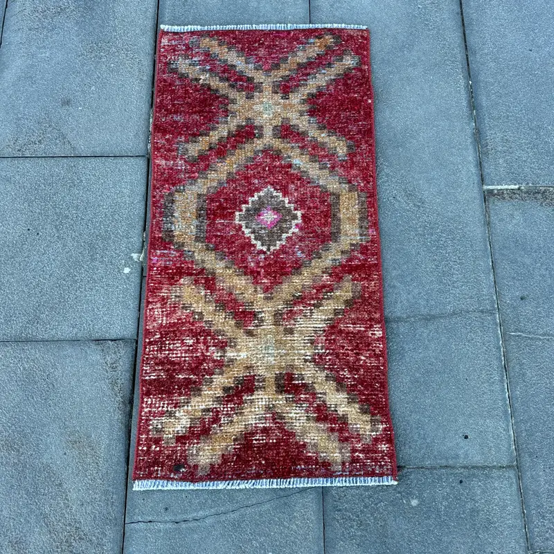 1.3x2.8 ft Oushak Rug, Turkish Vintage Rug, Red Brown Patchwork Rug - 1