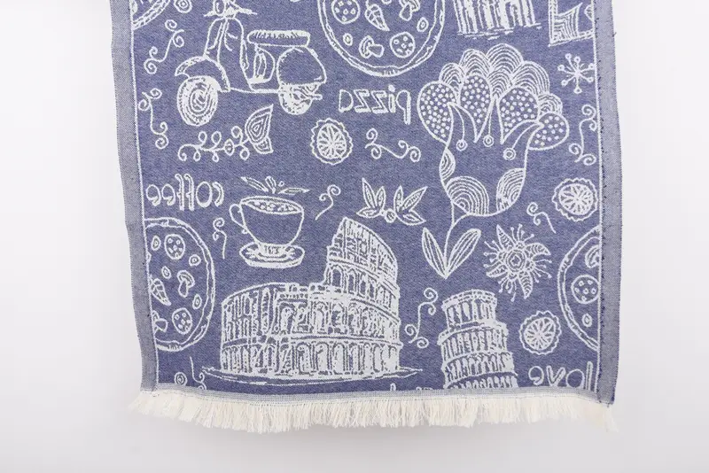 Anniversary Spa Towel Navy Italian Symbols Organic Cotton, 28x20 Inches