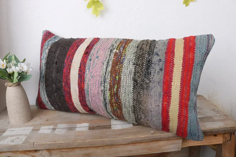 Bolster Throw Cushion Case, Boho Pillow Sham Cover, Interior Designer Pillow, Turkish Kilim Pillow, Pillow Cover, 12x24 Red Pillow Case - 4