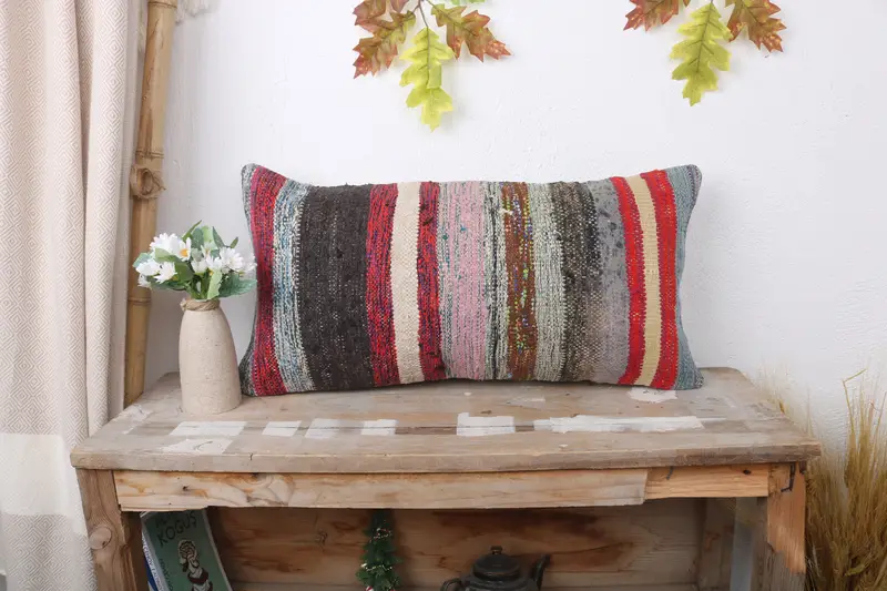 Bolster Throw Cushion Case, Boho Pillow Sham Cover, Interior Designer Pillow, Turkish Kilim Pillow, Pillow Cover, 12x24 Red Pillow Case - 1