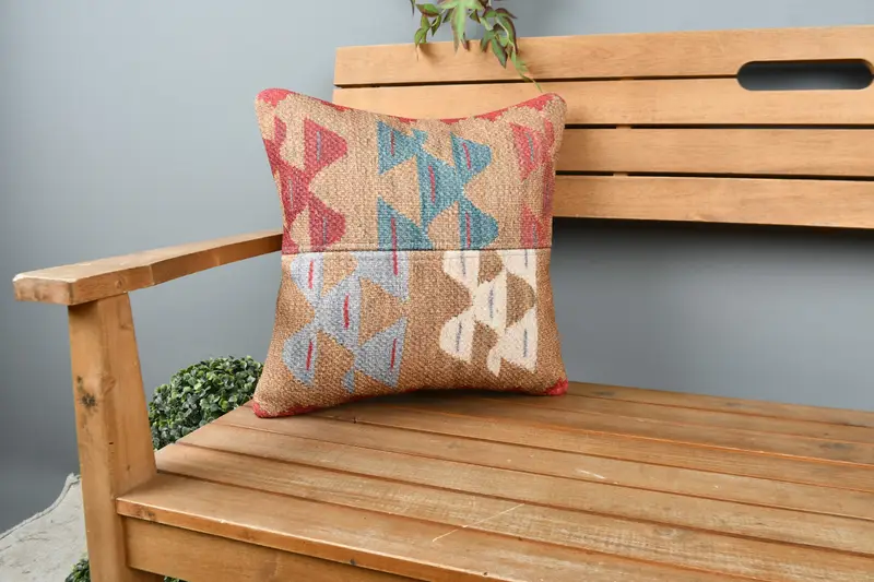 Vintage Pillow Case, Kilim Cushion Sham, Pillow for Sofa, Traditional Pillow Cover, Cushion, Vintage Pillow, 16x16 Brown Pillow Case - 1