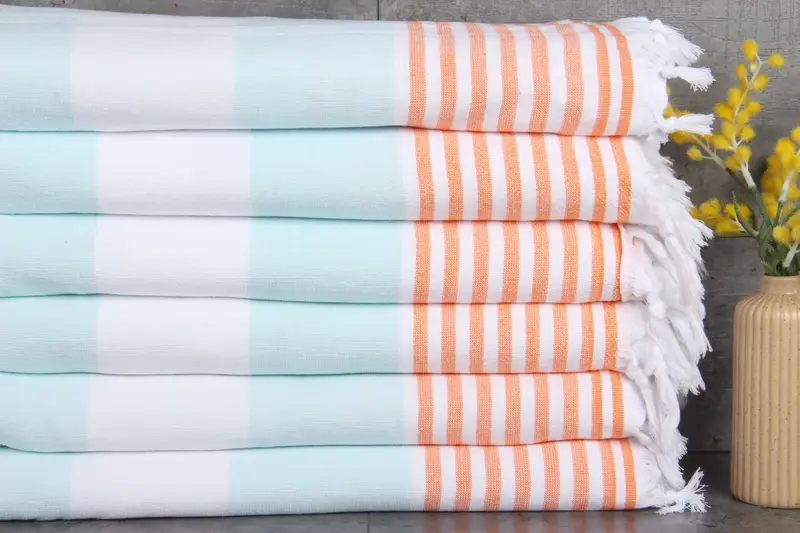 Custom Turkish Towel Mint-Orange Stripes Terry 36x67 Inches