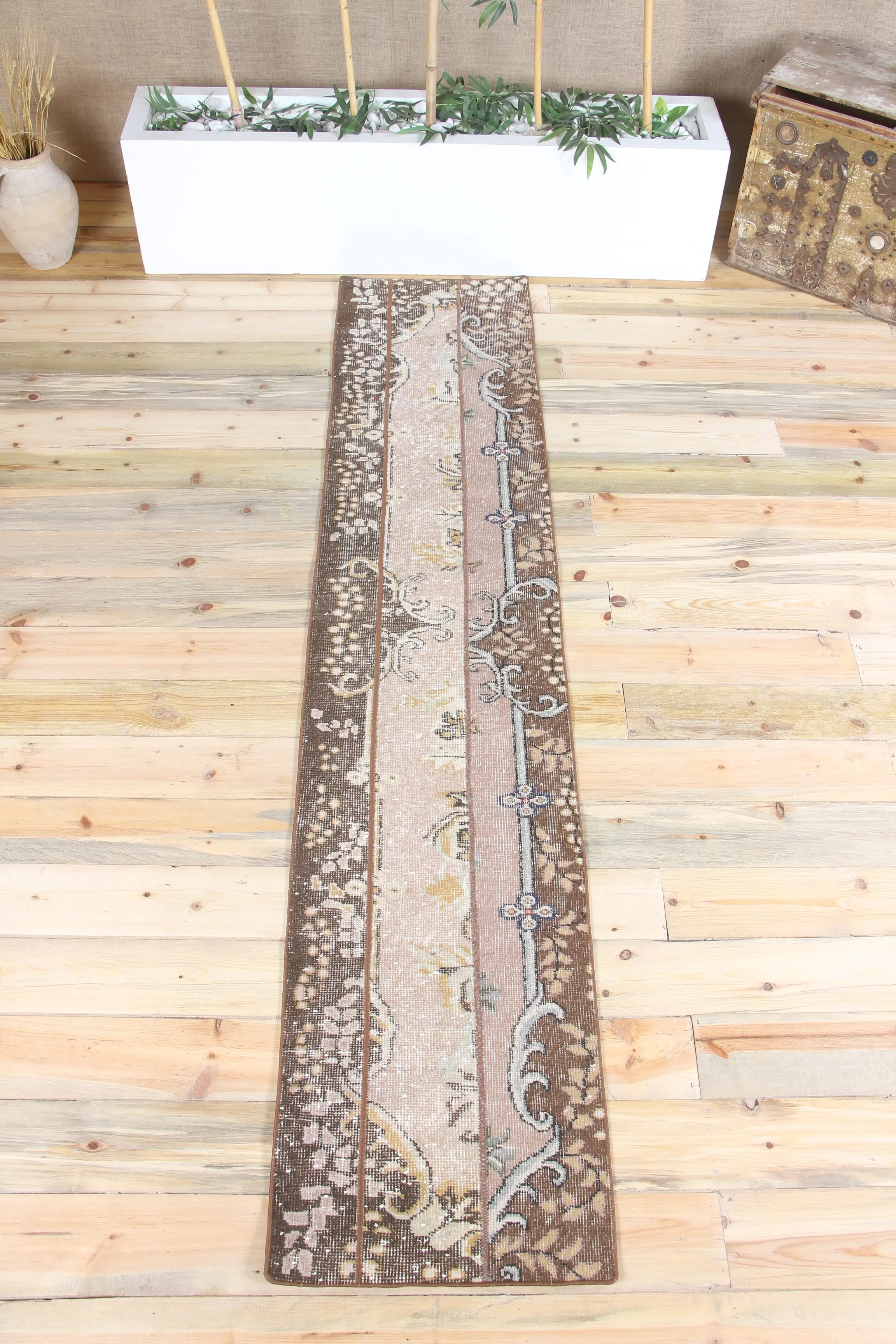 Turkish 1.7x8.5 ft Rug, Vintage Runner Rug, Brown Floral Rug - 1