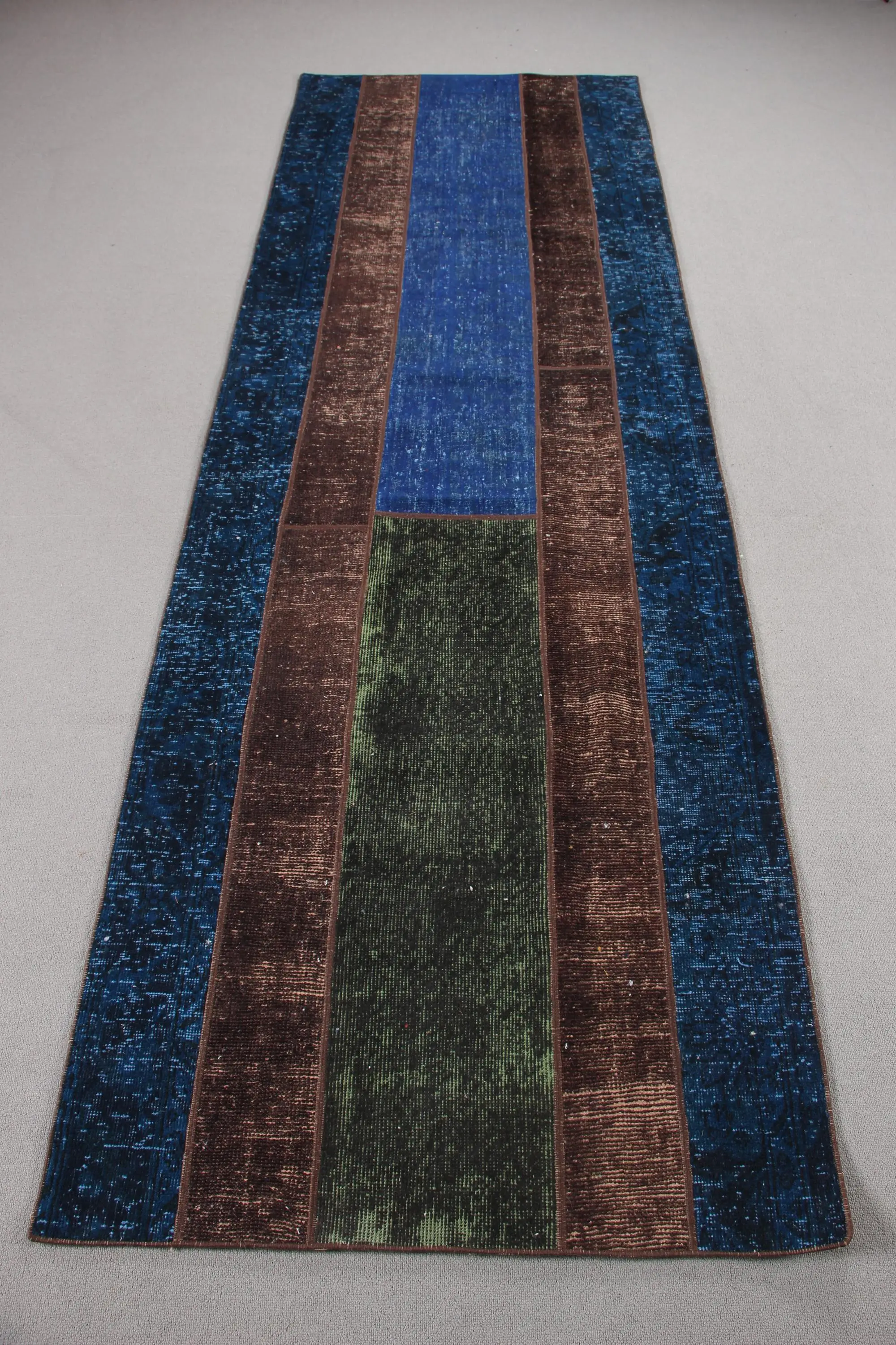 Vintage Turkish Rug, 3.1x9.6 ft Rug, Blue Brown Striped Rug - 1