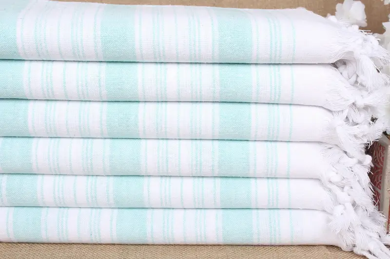 Personalized Turkish Beach Towel Mint Beige Stripes, 32x67 Inches