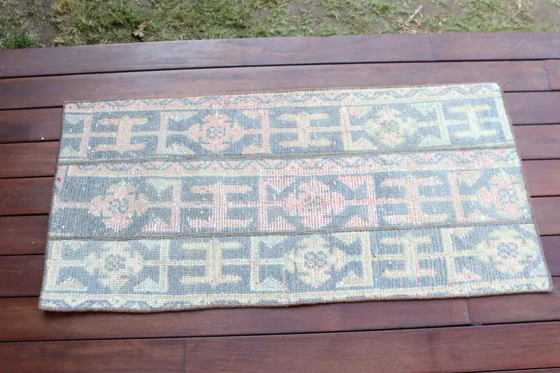 1.7x3.5 ft Türk Halısı, Vintage Küçük Halı, Mavi Patchwork Yün Halı - 1