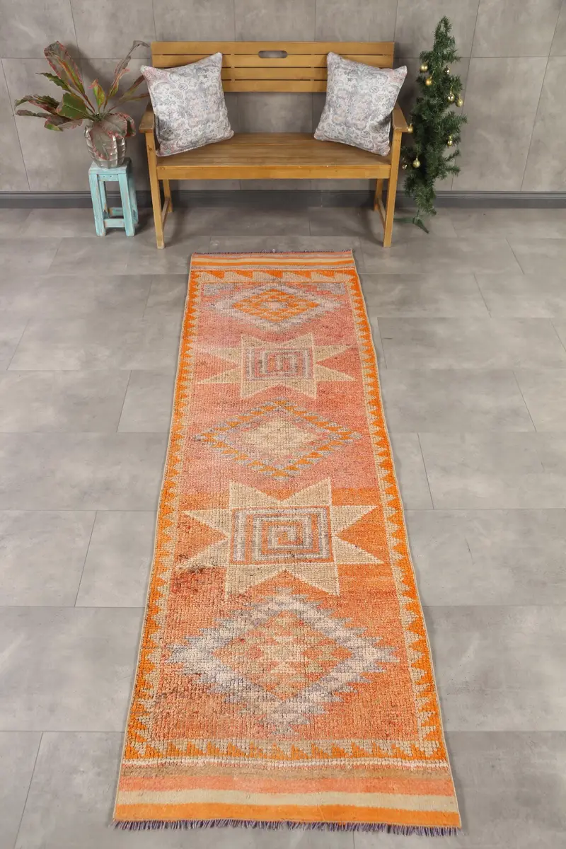 2.8x9.4 ft Rug, Runner Turkish Rug, Orange Herki Ikat Rug - 1