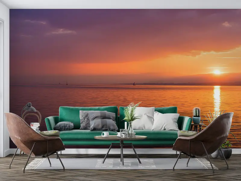 Elegante bedruckte Küstenküstentapete: Meereswellen und Sonnenuntergänge