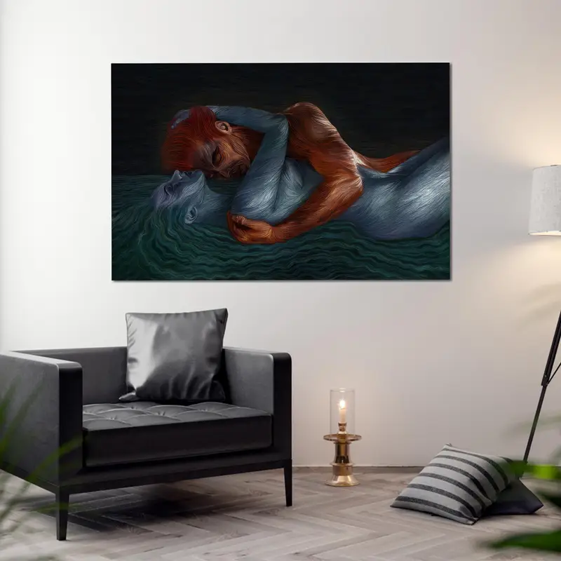 Sarılıyor çift sanat, çift tuval, yatak odası sanat dekoru, erotik duvar sanatı, şehvetli tuval sanatı, ateş ve su, modern sanat dekoru, duvar sanatı dekoru - 1